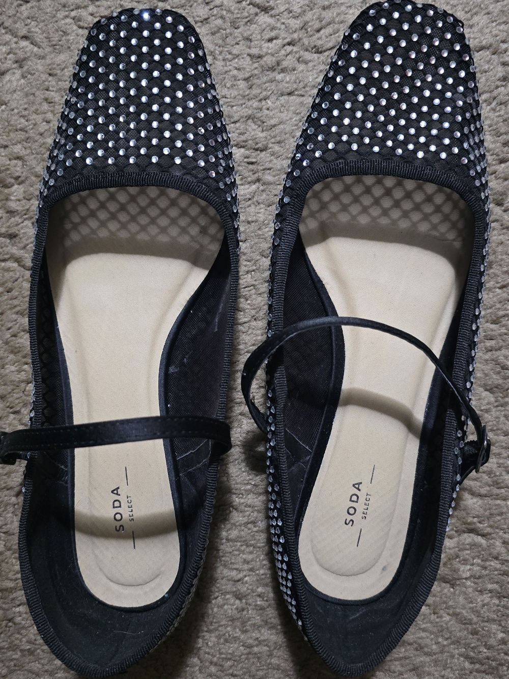 Soda Black Embellished Mary Jane Flats with Silver Accents